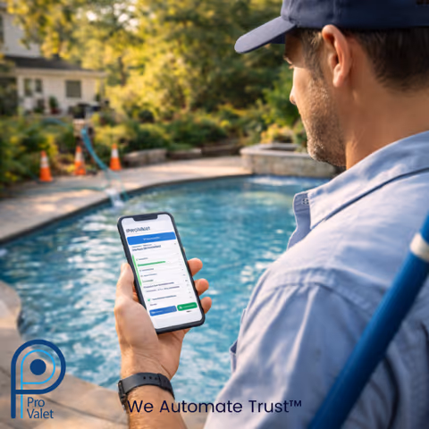 technician by pool with app on smartphone
